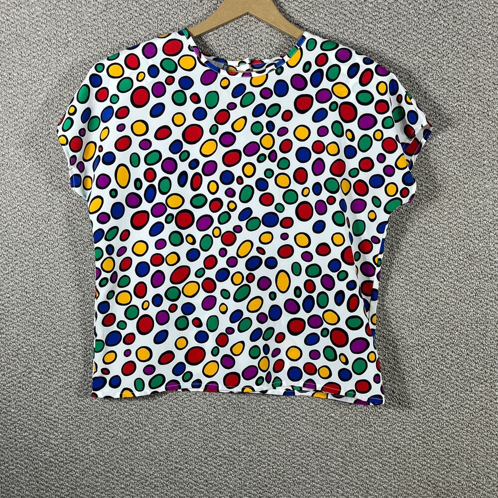 Diversity Top Womens Size Medium White Colorful Polka Dots‎ Cap Sleeves Casual